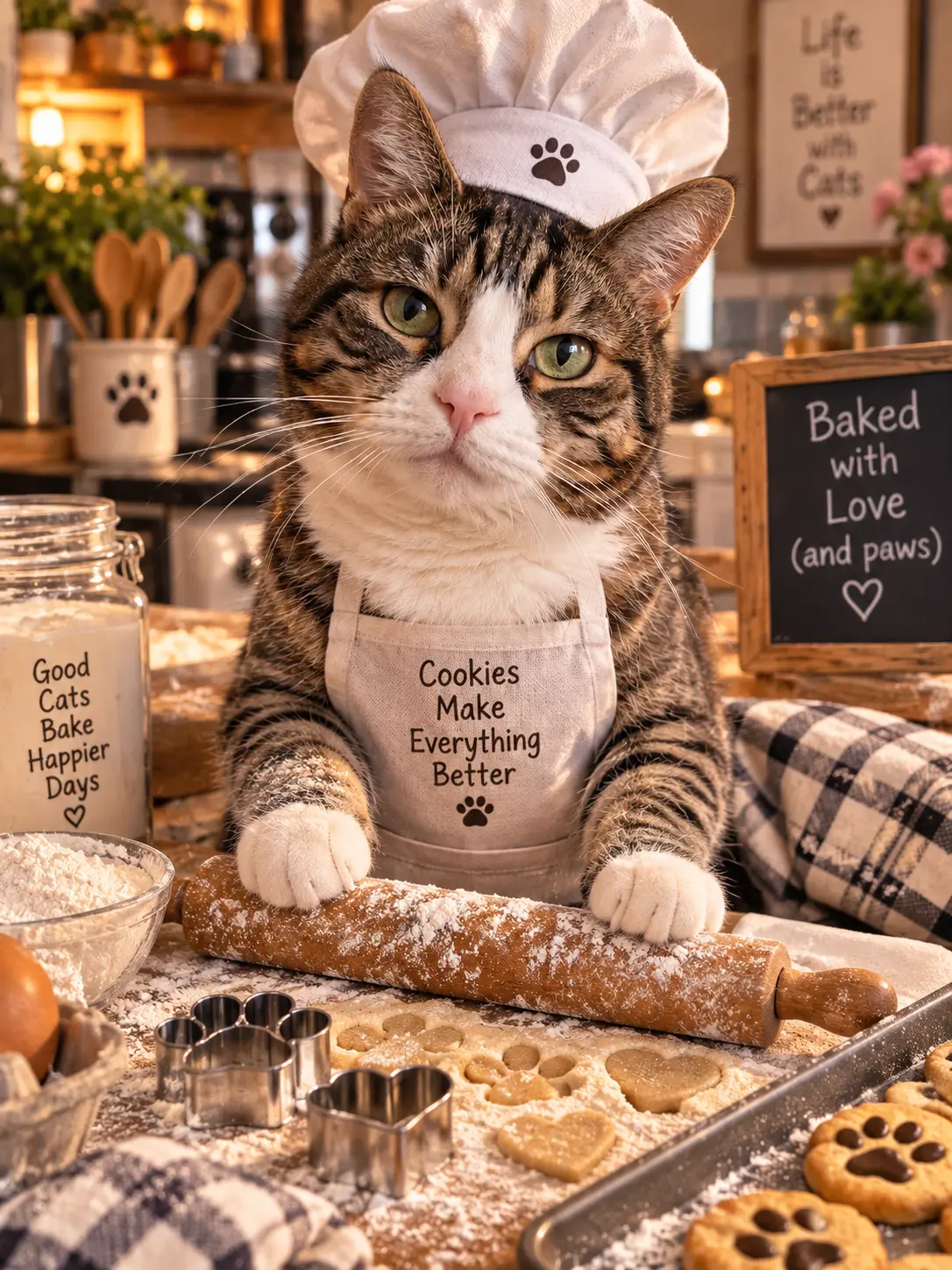 Tabbykatt som bagare i köket
