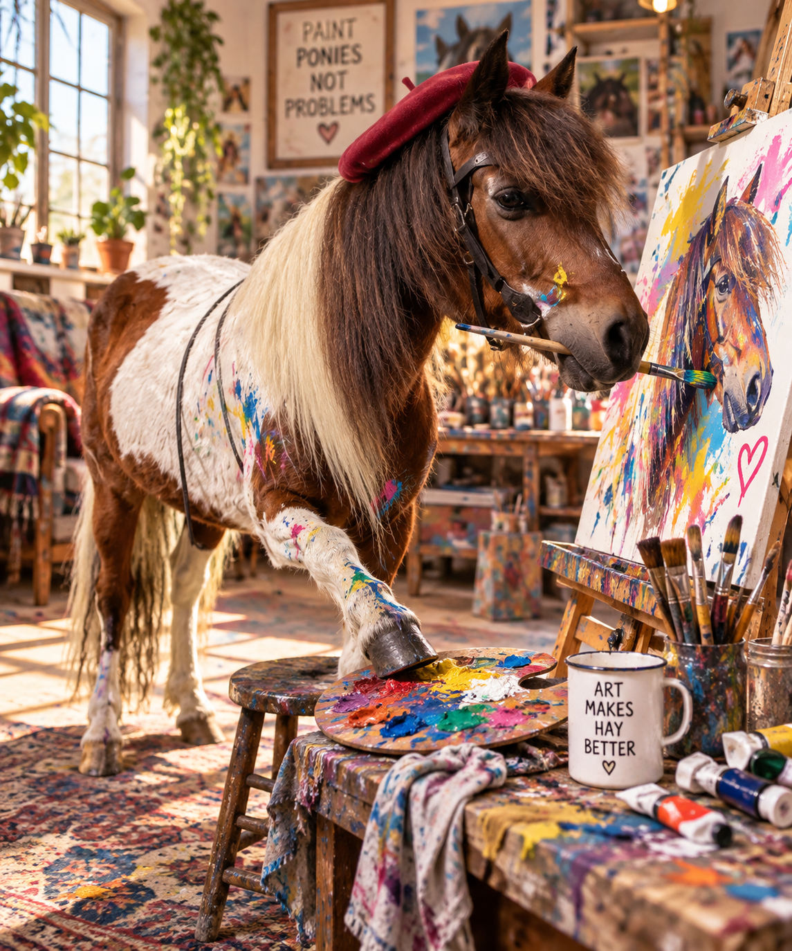 Spirit som konstnär i ateljén med pensel och palett