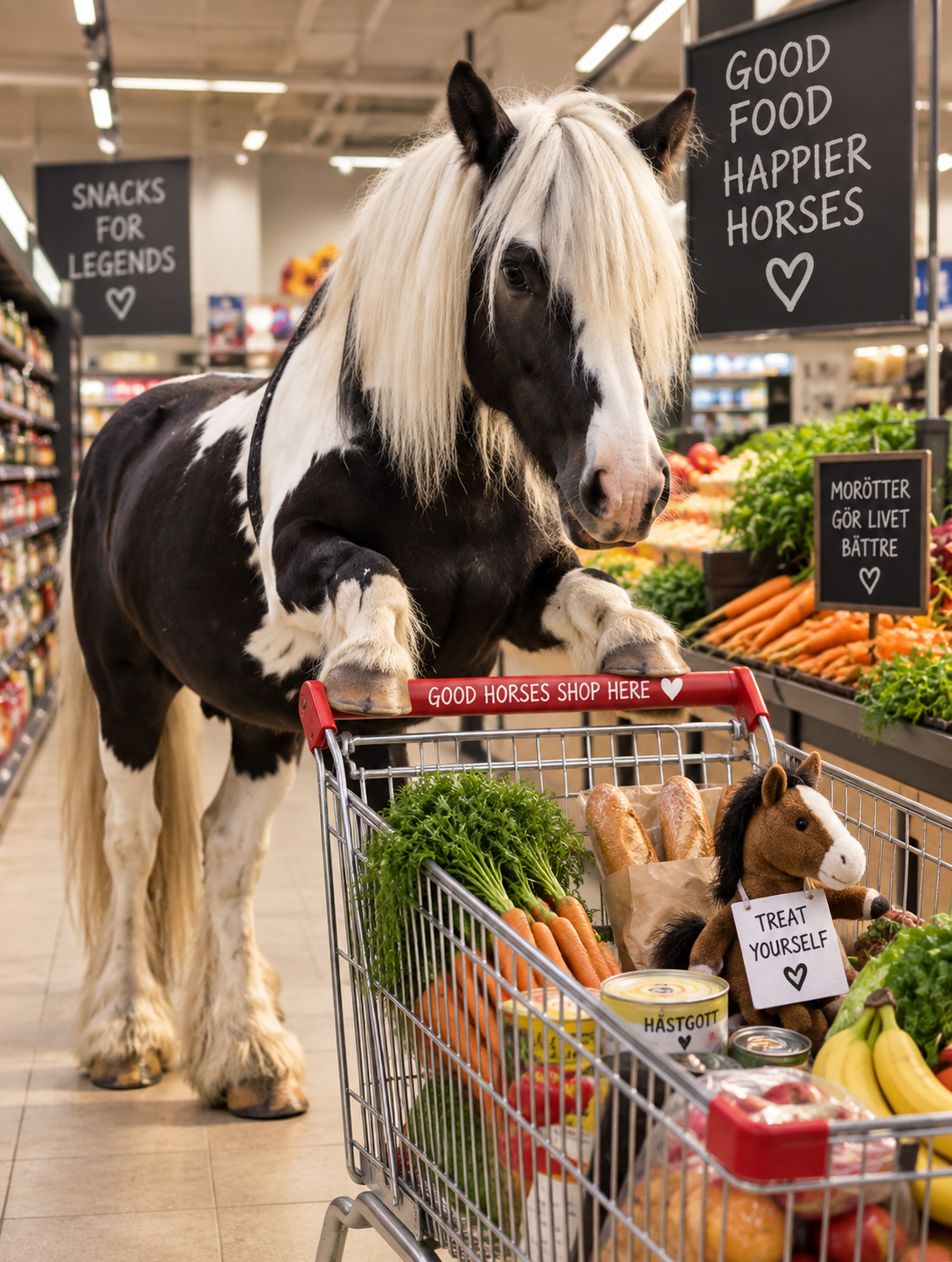 Häst som handlar med matkorg i mataffären