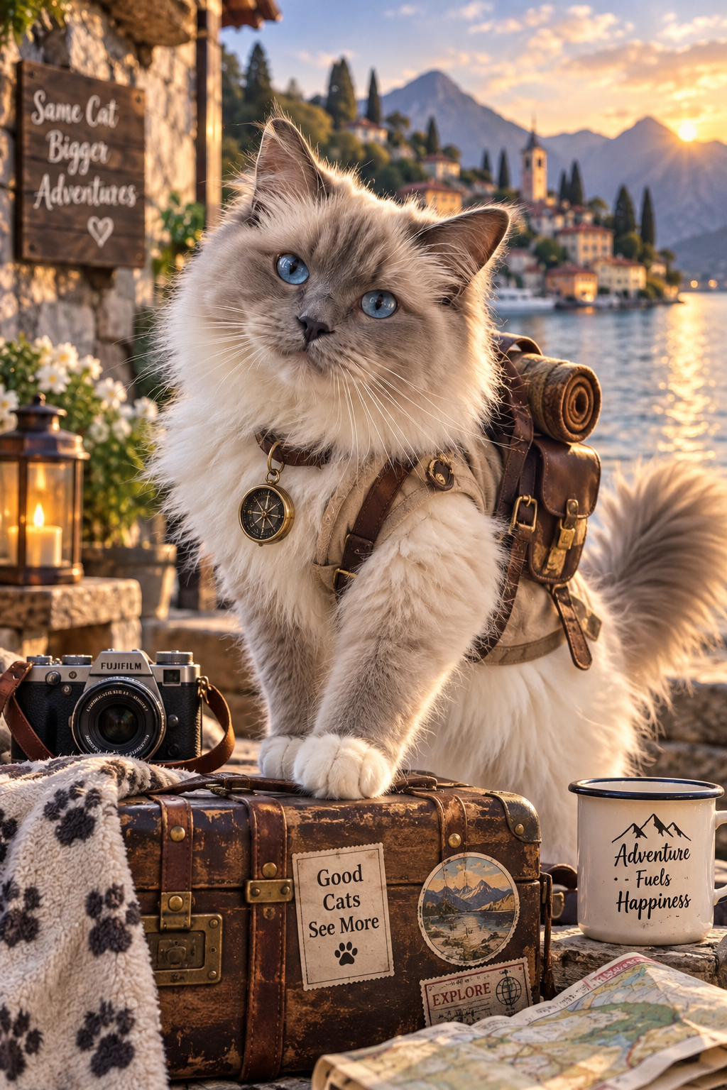 Ragdollkatt med ryggsäck vid Comosjön