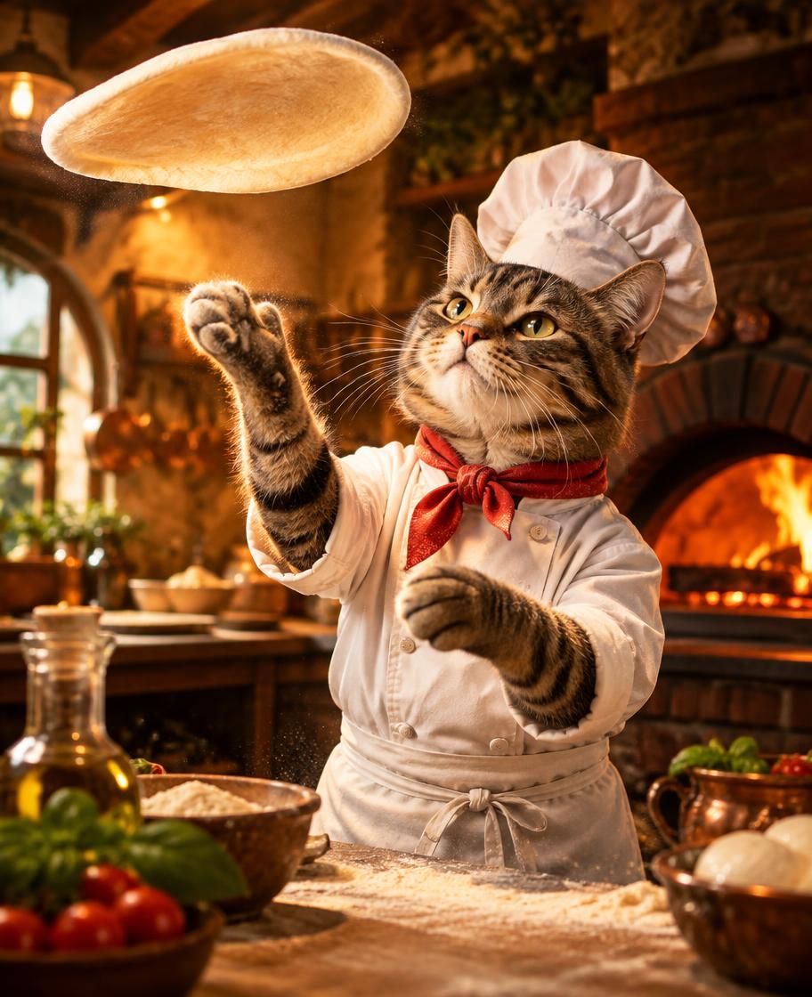Tabbykatt som kastar pizza som kock