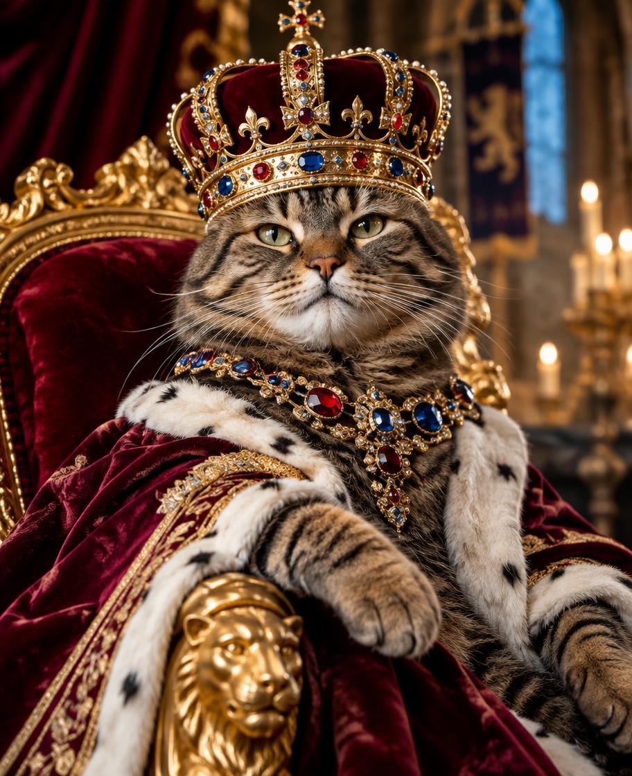 Tabbykatt klädd som kunglighet