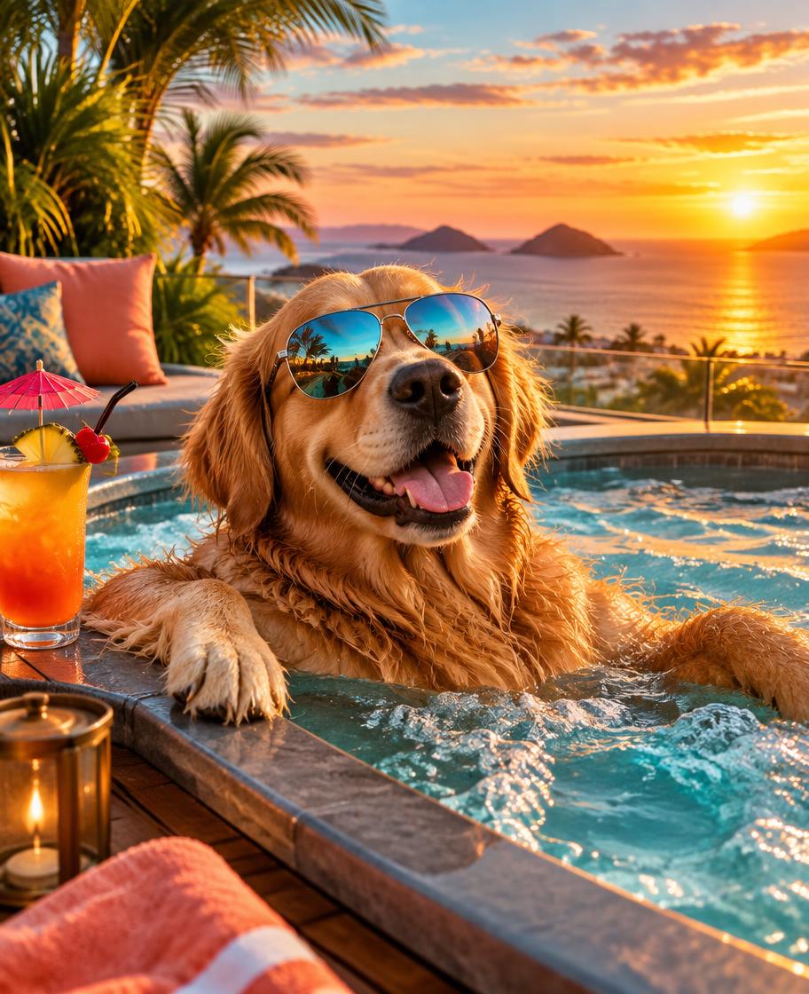 Golden retriever som kopplar av i en tropisk pool